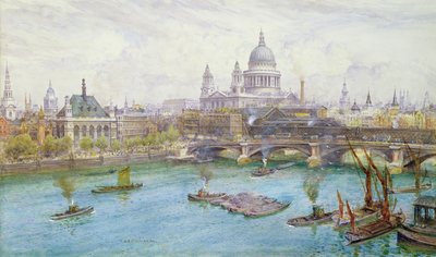 Vue du sud de la cathédrale Saint-Paul, Blackfriars Bridge et City of London School avec des bateaux sur la Tamise - Henry Edward Tidmarsh